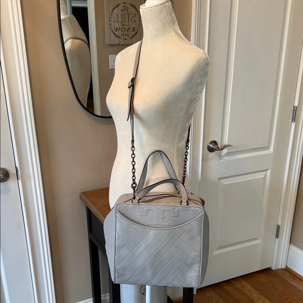 Tory Burch Fleming Satchel Gray Quilted Leather Chain Strap